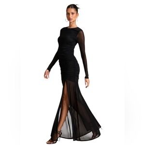 Lulus Vibrant Poise Black Mesh Ruched Maxi Dress Size X-Large Keyhole Open Back